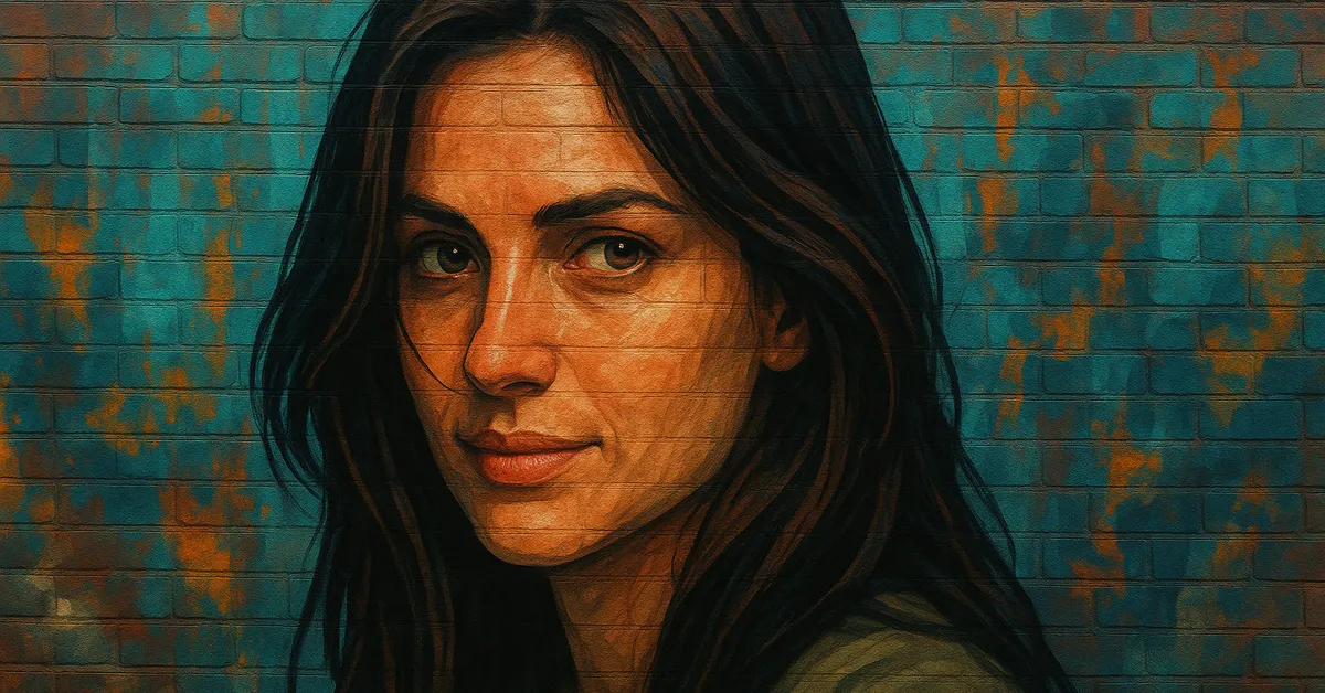 street art portrait of Vicky Frobisher featuring a young woman with long dark hair and a gentle smile looking to the side