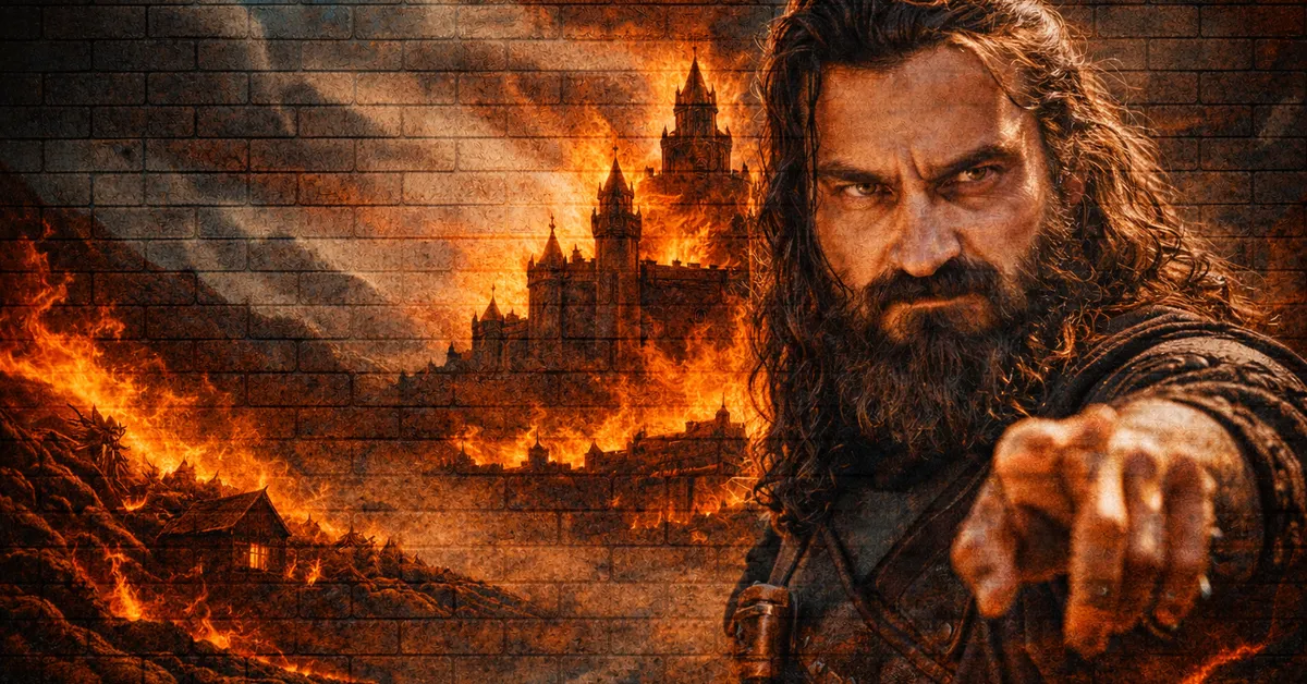 Victarion Greyjoy, with long black hair, a long dark beard points forward with rage as the castle lights up in flames behind him