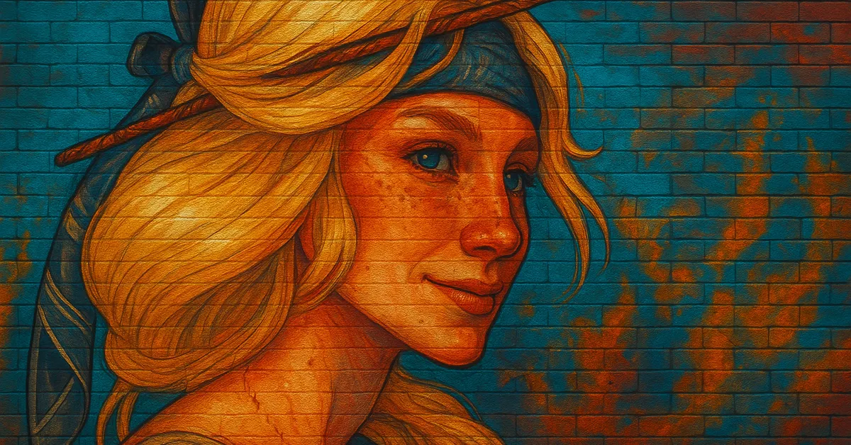 hyper-realistic mural of Victoire Weasley with blonde hair and a blue headband looking sideways with a soft smile and freckles