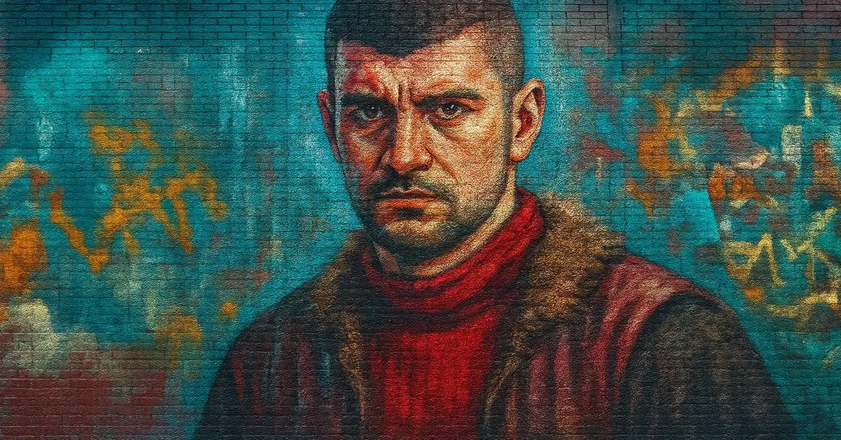 mural of Viktor Krum with a buzz cut and intense gaze wearing a red fur-lined robe representing the Durmstrang champion