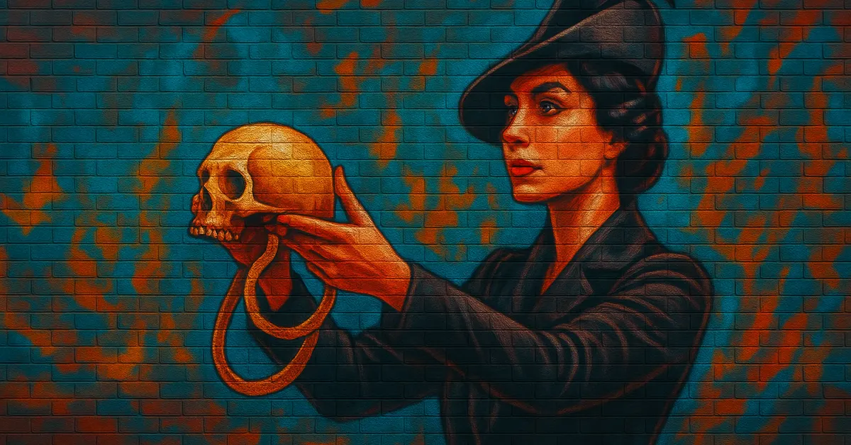 painting of Vinda Rosier as an elegant woman in a hat holding a golden skull entwined with a snake against a brick background