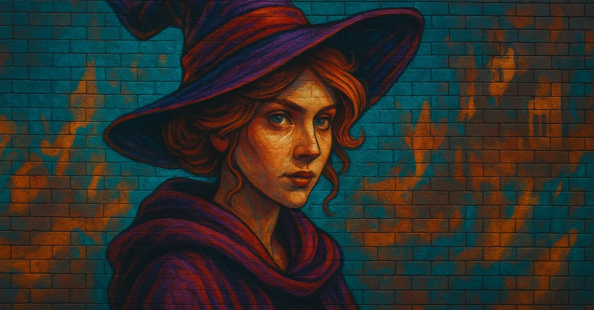 street art mural of Violet, the Fat Lady's friend, wearing a large purple witch's hat and looking stern on a textured wall