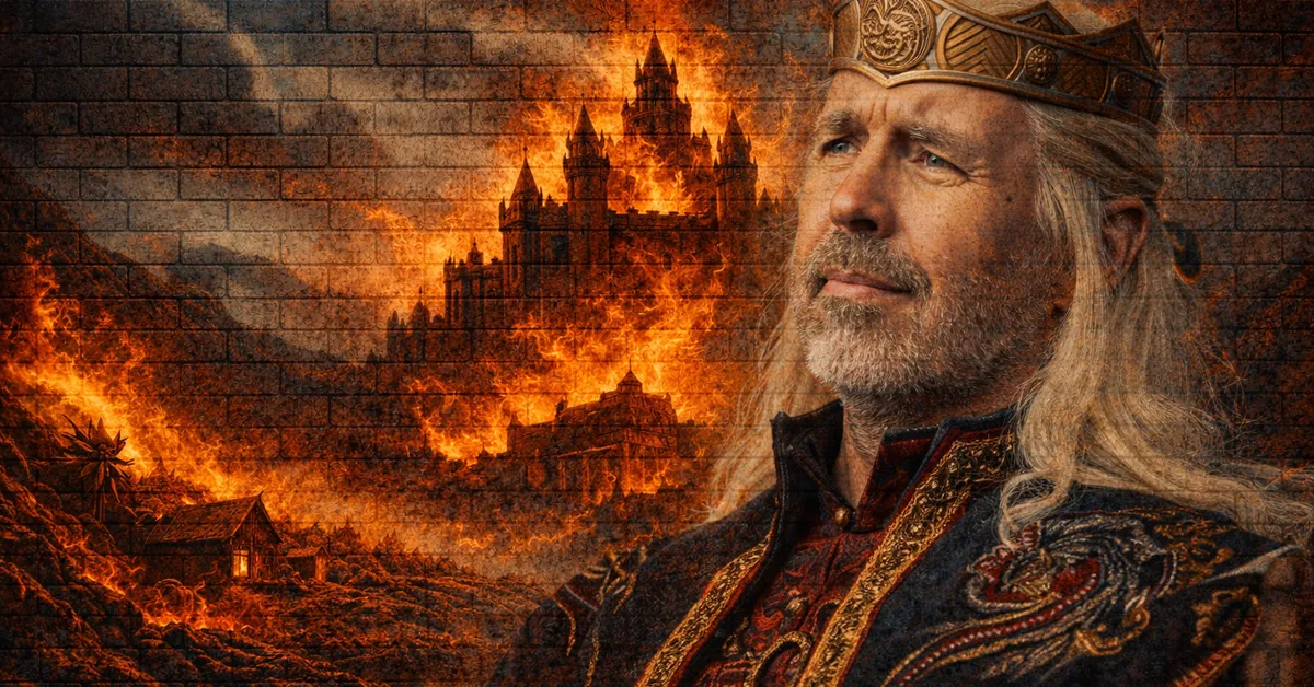 Viserys Targaryen gazes over hius burnign castle wearing a crown and looking royal