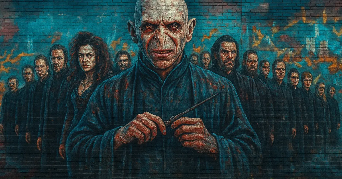 a mural of voldemort standing at the front of a long line of death eaters with dark robes and cold expressions creating a scene tied to major character deaths in the series