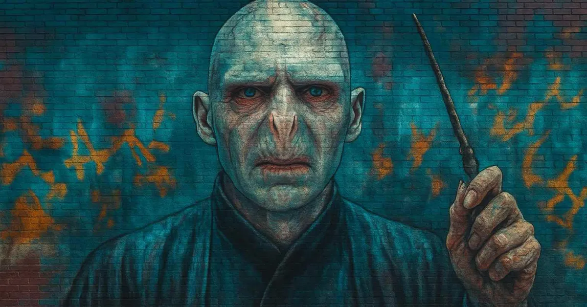 A mural of Lord Voldemort with pale skin and red rimmed eyes holding his wand upright against a blue and orange brick wall