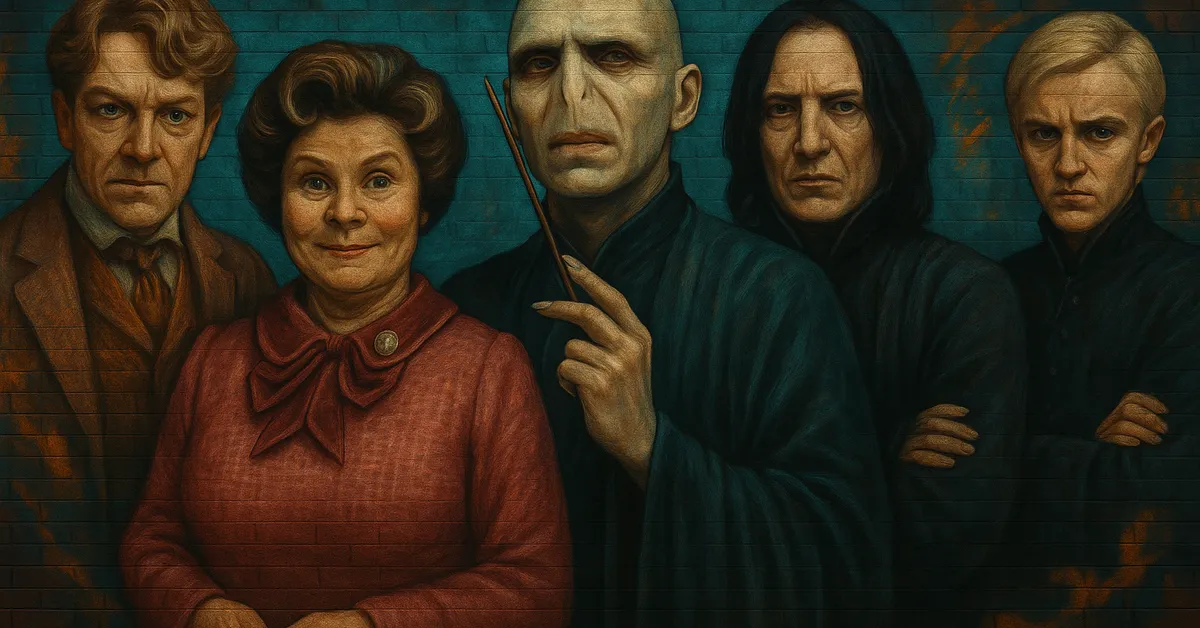 A mural featuring Gilderoy Lockhart Dolores Umbridge Voldemort Severus Snape and Draco Malfoy standing together with dark teal and orange tones behind them