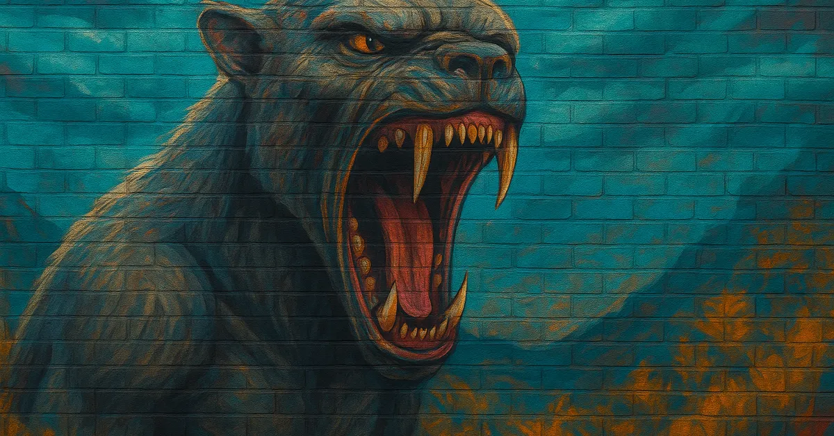 mural of a Wagga Wagga Werewolf, a fearsome creature with bared fangs and glowing eyes against a dark background