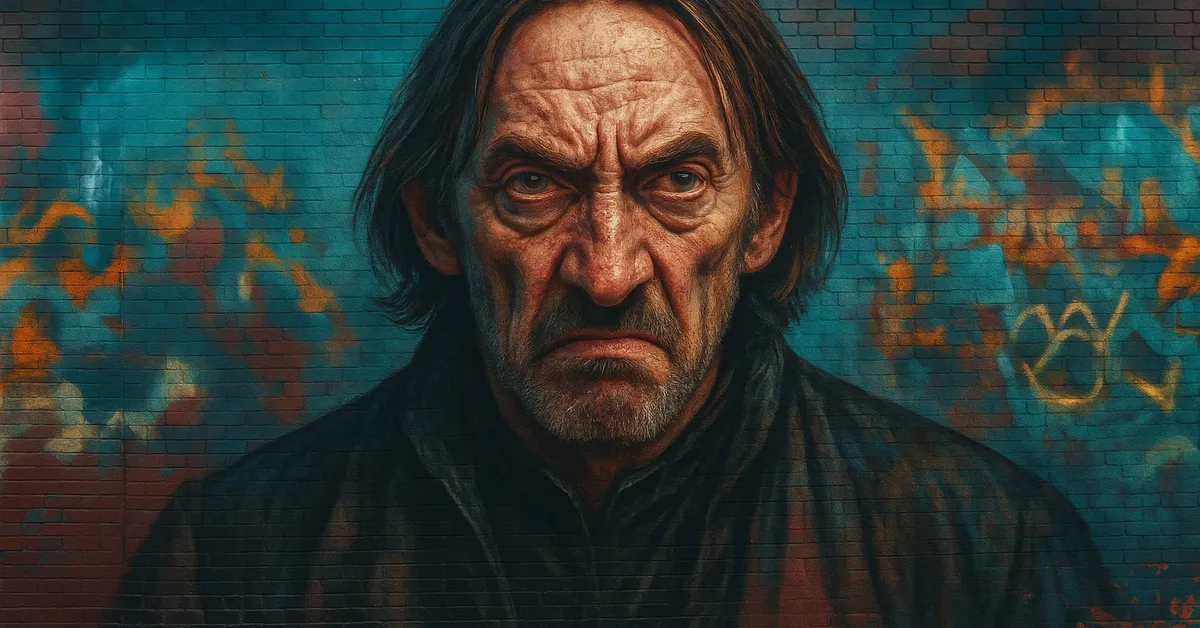 hyper-realistic street art of Walden Macnair, a menacing man with long dark hair and a beard staring intensely