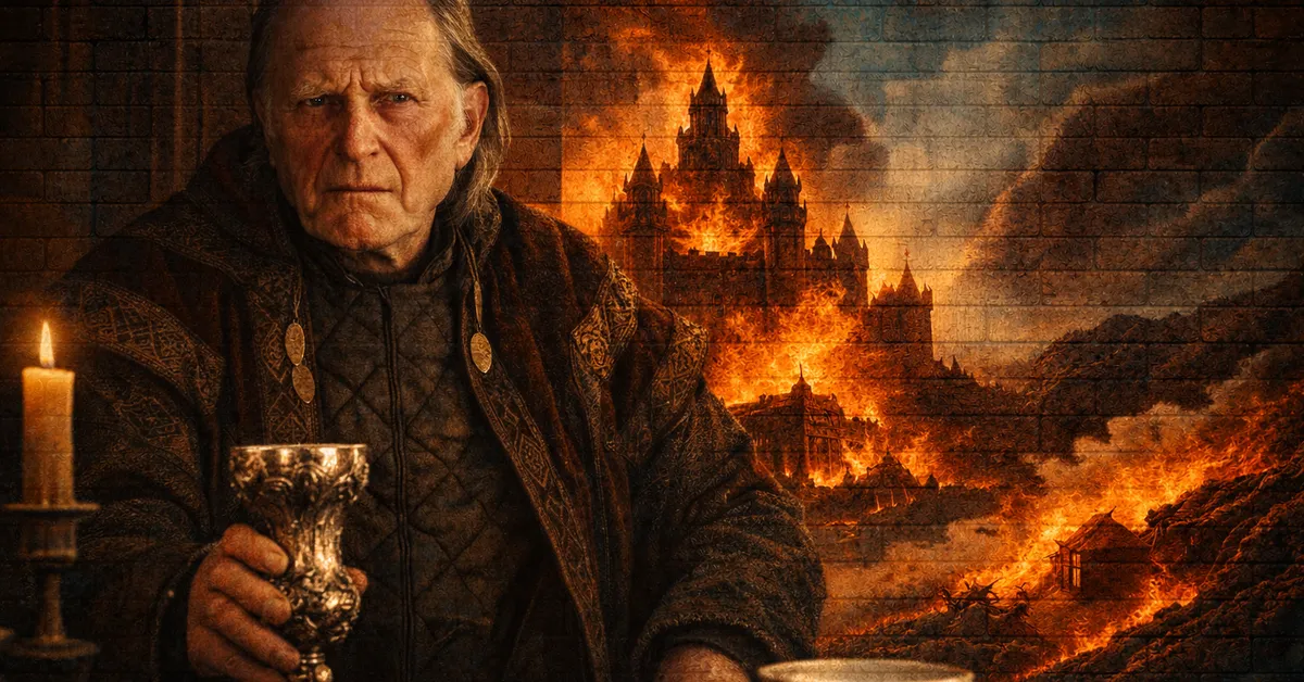 Walder Frey sits at his table, gold cup in hand as behind his the chaos of a fire rages