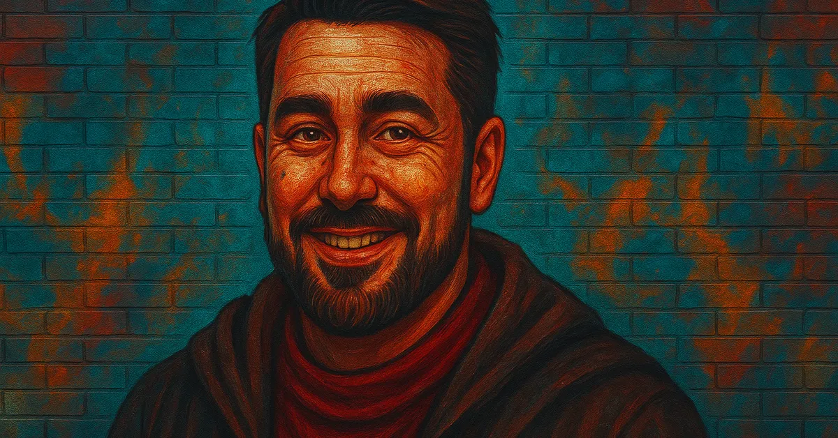graffiti portrait of Walter Parkin, a smiling man with a beard and mustache wearing a dark hoodie