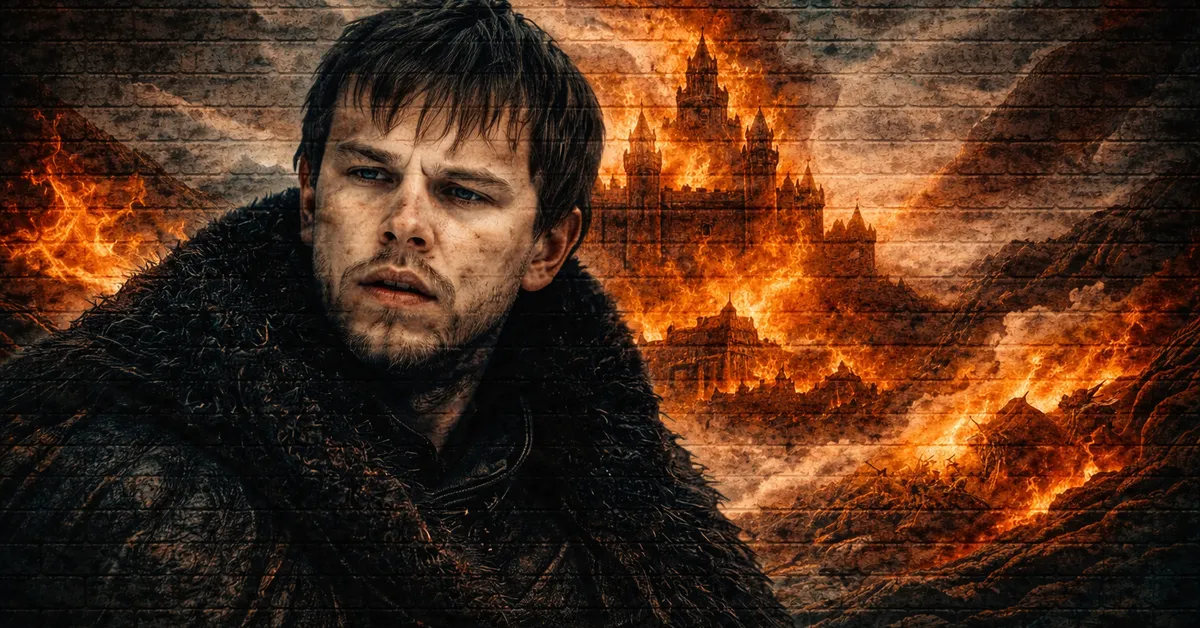 Waymar Royce runs towrds the battle as his home is destroyed by fire and flames that are large and wild