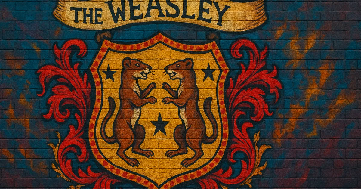 graffiti mural of the Weasley Family crest featuring two weasels holding a shield with a star on a yellow background