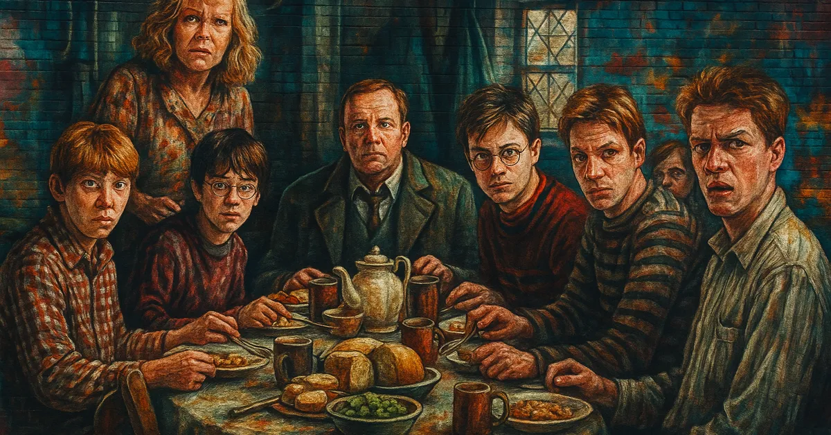 A mural of the Weasley family and Harry Potter sitting around a dinner table looking up in surprise with plates bread and mugs spread across the table