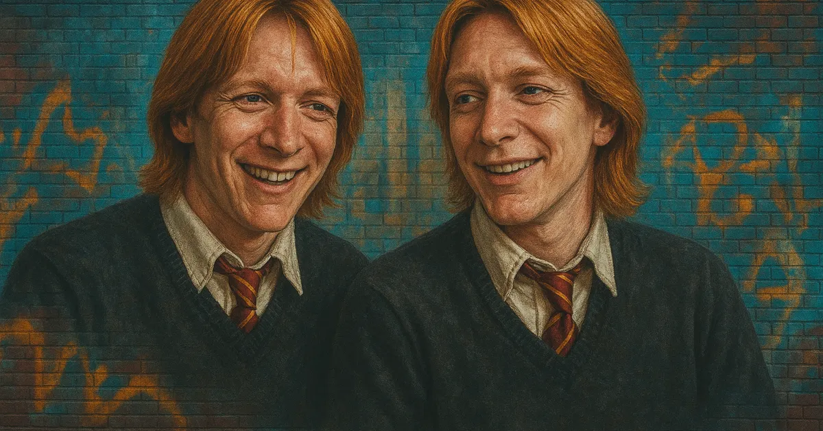 A mural of Fred and George Weasley smiling at each other in matching Gryffindor sweaters against a blue brick wall with orange graffiti