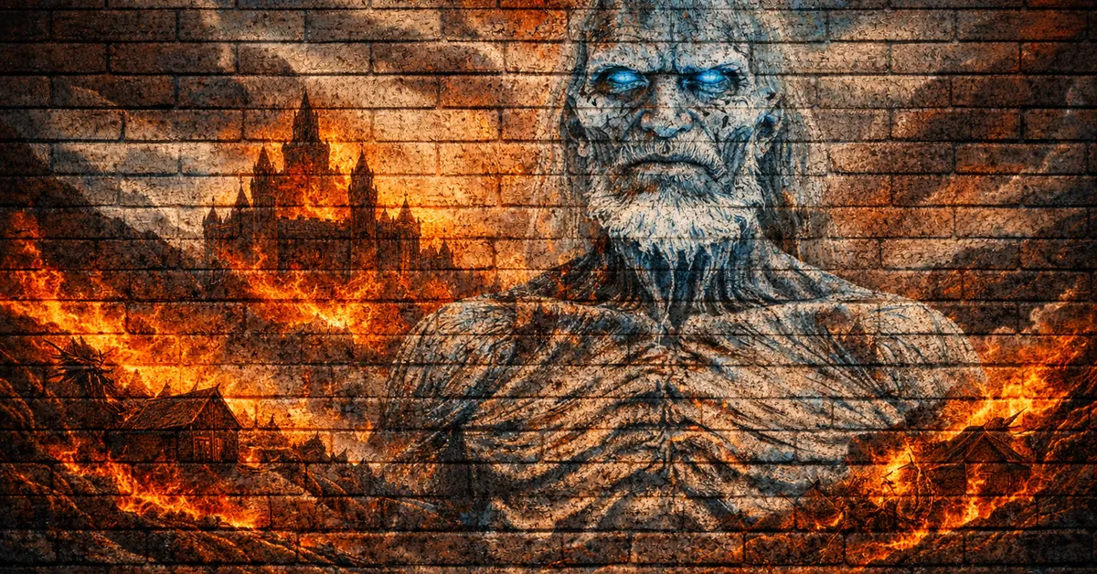 White Walkers stand with scary blue eyes, skeletons for a body as they oversee the firey destruction they have caused of all castles