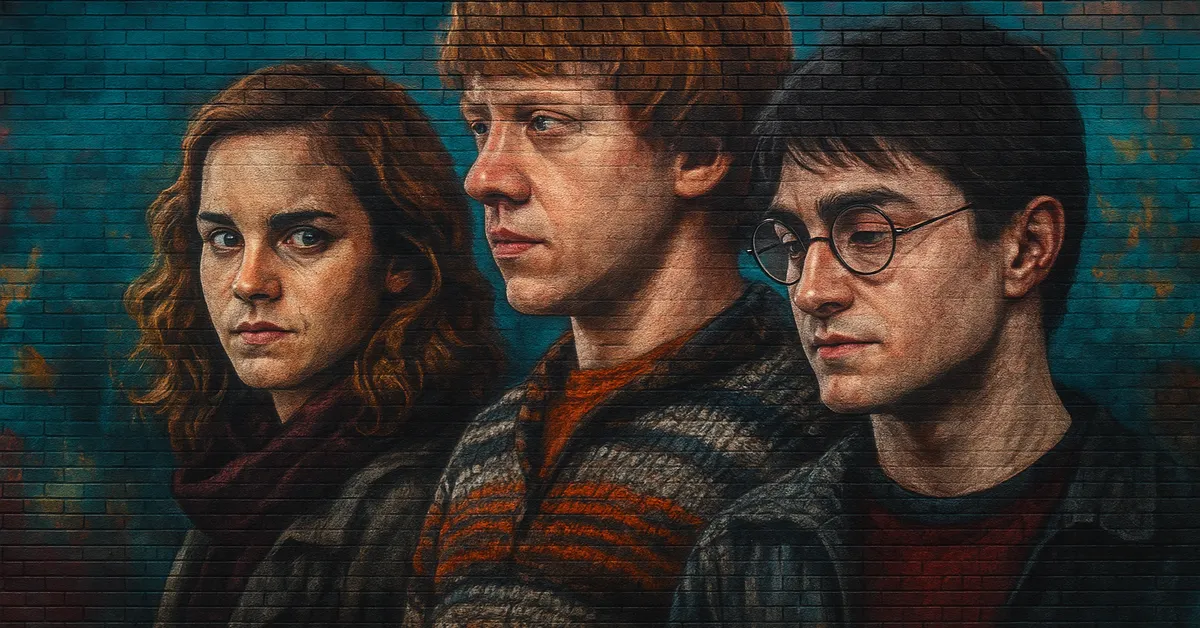 street art mural featuring Hermione Granger, Ron Weasley, and Harry Potter standing together with serious expressions against a blue brick wall