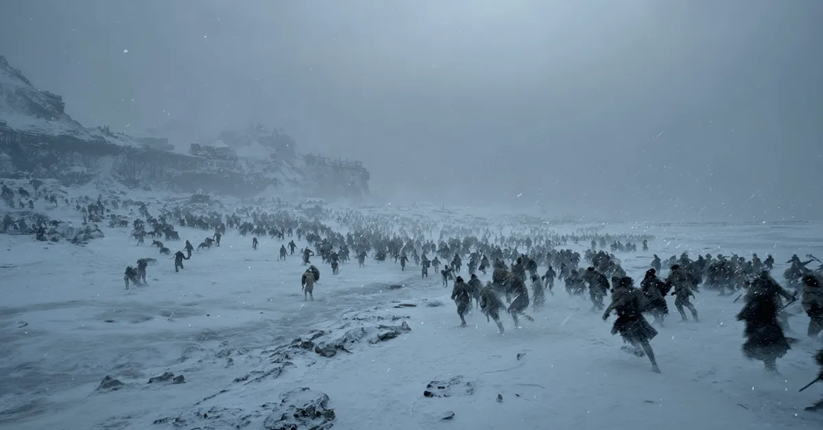 A horde of undead warriors attacks a snow-covered settlement by a frozen sea creating a chaotic and desperate battle scene typical of the war against the White Walkers