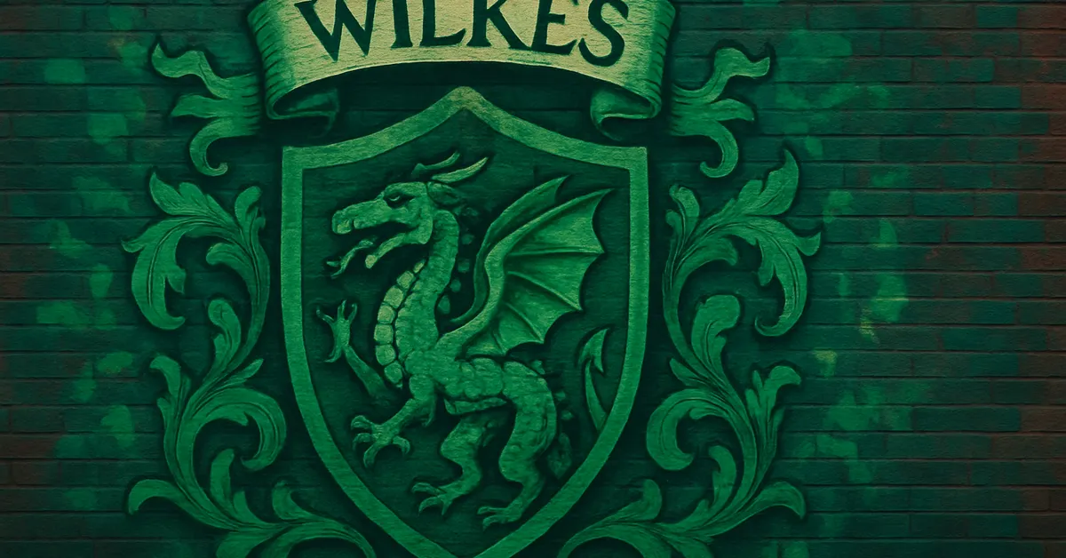 street art of the Wilkes Family crest displaying a green dragon on a shield surrounded by foliage