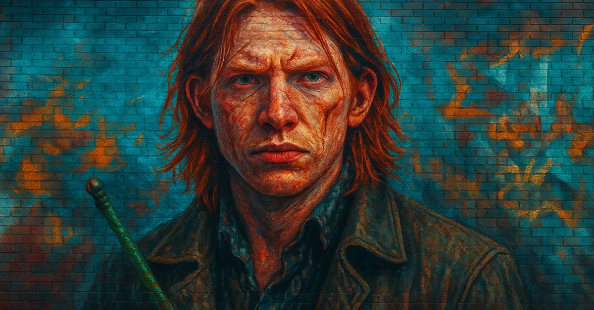 hyper-realistic street art of William Weasley, a man with long red hair and facial scars looking serious in a leather jacket
