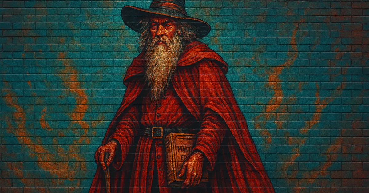 graffiti portrait of Williamson, an elderly wizard with a long white beard and red robes holding a book