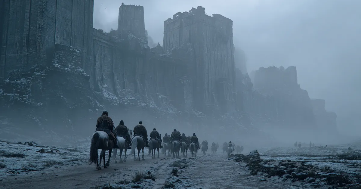 Riders in heavy fur cloaks approach a massive stone fortress shrouded in cold gray mist on a muddy road evoking the arrival of royal guests at Winterfell