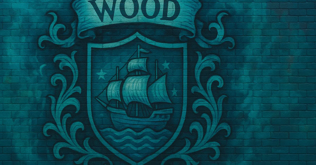 street art of the Wood Family crest displaying a blue shield with a sailing ship under the name banner