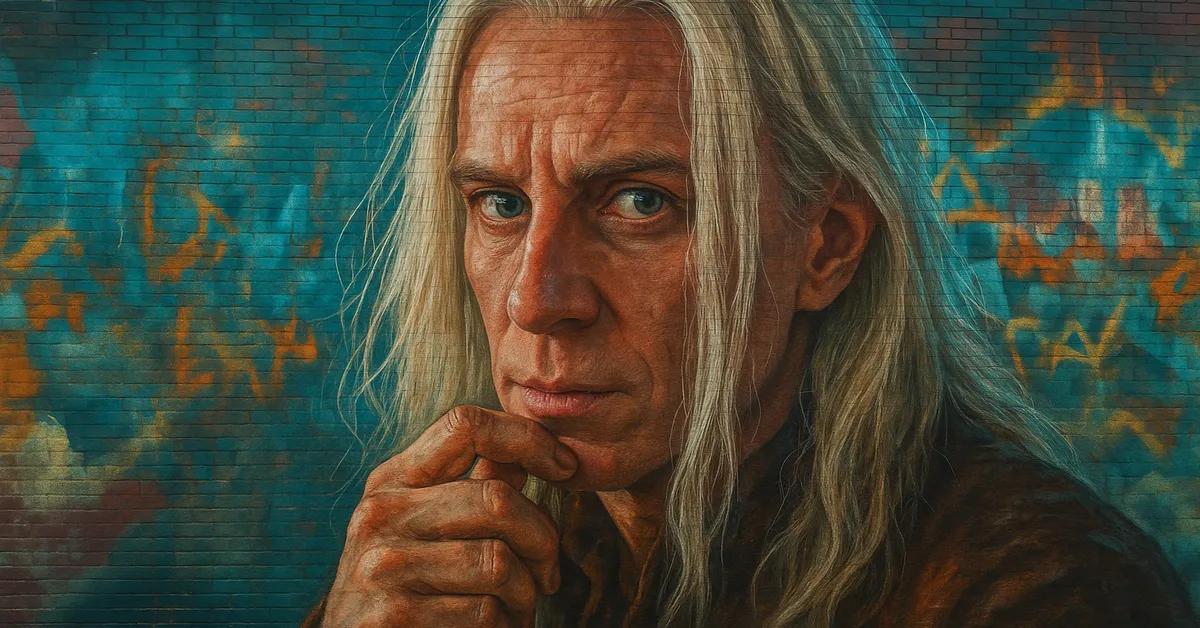 graffiti portrait of Xenophilius Lovegood, a man with long white hair and a contemplative expression holding his hand to his chin against a brick wall