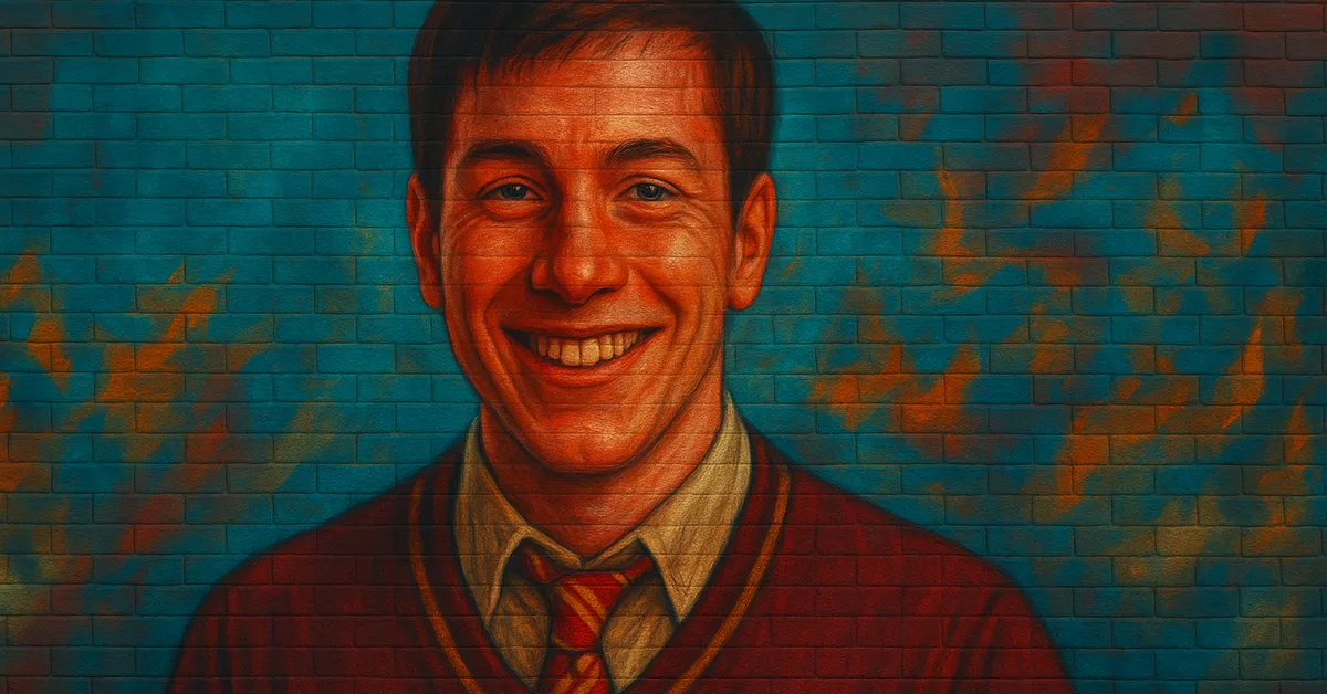 graffiti portrait of Yann Fredericks, a smiling young man with short brown hair wearing a red sweater and tie against a blue brick wall