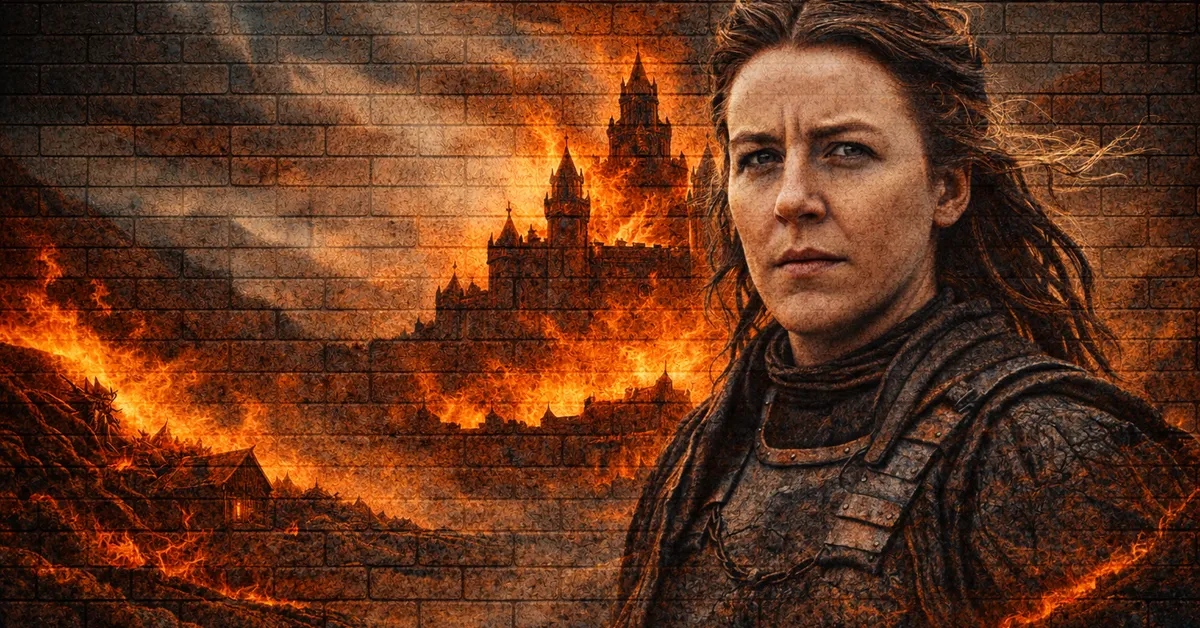 Yara Greyjoy stands with eyes locked on her future, the castle, land and house burn behind her in the distance