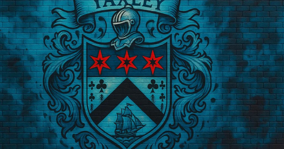 graffiti mural of the Yaxley Family crest featuring a blue shield with three red stars, a black chevron, and a sailing ship at the bottom