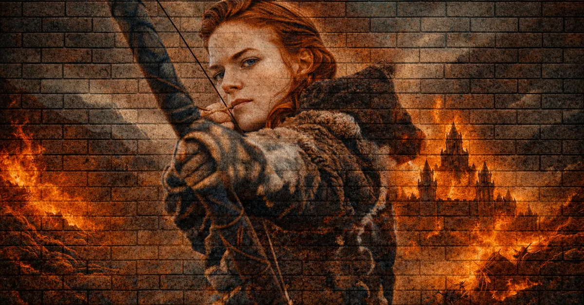 Ygritte with her red hair piulled back aims an arrow from her bow towards her enemy, behind her a castle and homes bury with fury