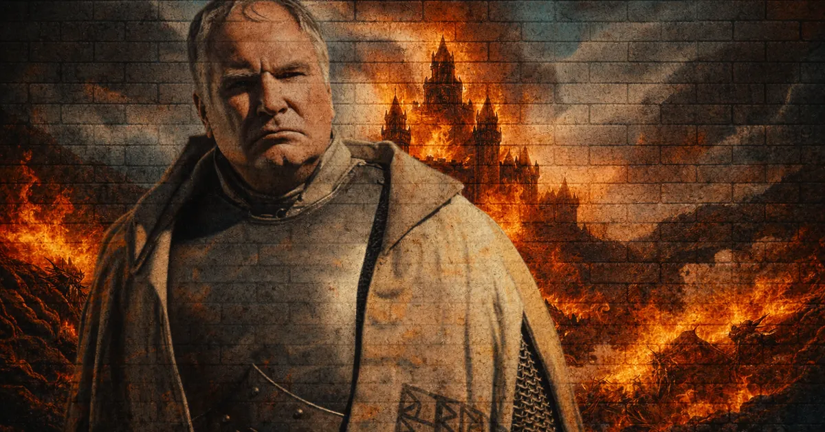 Yohn Royce stands sefiant as behind him the world he built goes up in a firey furnance of flames