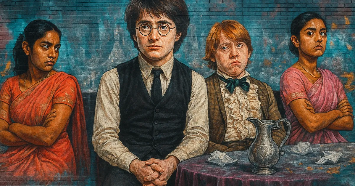 A mural of Harry Potter and Ron Weasley sitting stiffly at a Yule Ball table with two girls in traditional dress looking away with crossed arms