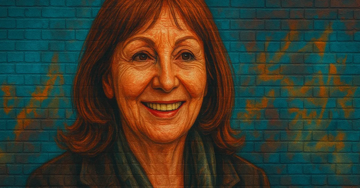 graffiti portrait of Yvonne, a middle-aged woman with shoulder-length brown hair and a bright smile wearing a dark coat