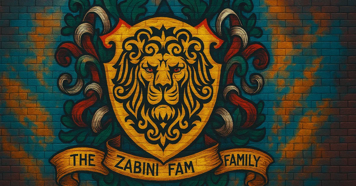 graffiti mural of the Zabini Family crest featuring a golden lion head facing forward on a yellow and red shield with the family name on a banner
