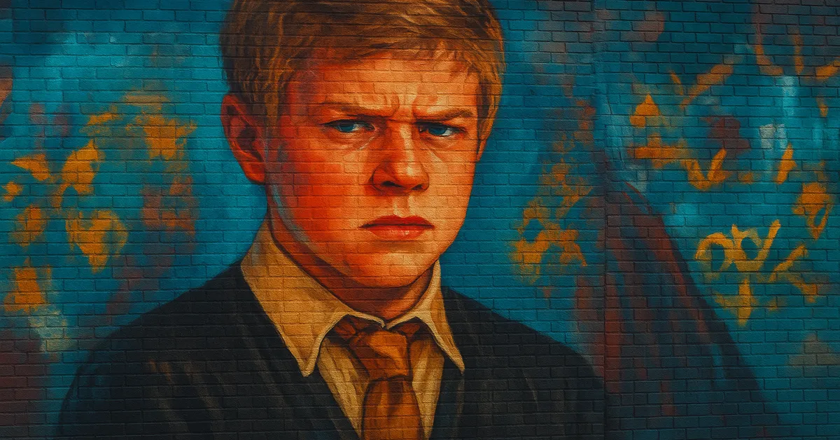 street art portrait of Zacharias Smith, a young man with short blonde hair and a skeptical arrogant expression wearing a Hufflepuff tie