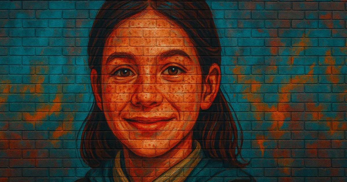 graffiti portrait of Zenobia Noke, a smiling young girl with freckles and brown hair wearing Hogwarts robes against a blue brick wall